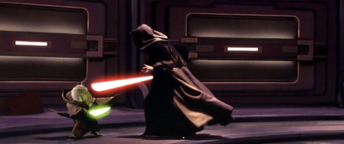 Darth Sidious charges at Yoda in the Senate chamber.