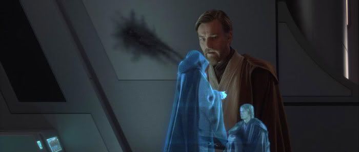 Obi-Wan Kenobi watches a hologram of Anakin Skywalker being knighted as Darth Vader by Darth Sidious.