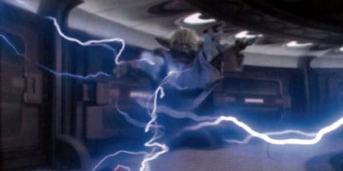 Yoda shocked by Darth Sidious' Force lightning in REVENGE OF THE SITH.