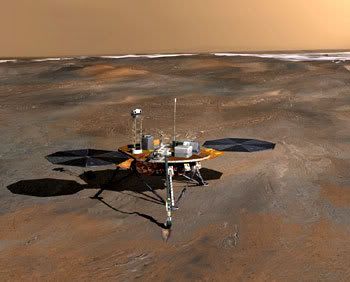 An artist's concept of the Phoenix lander on the Martian northern plain.