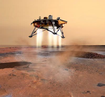 An artist's concept depicting the Phoenix lander about to touch down on the Martian surface.