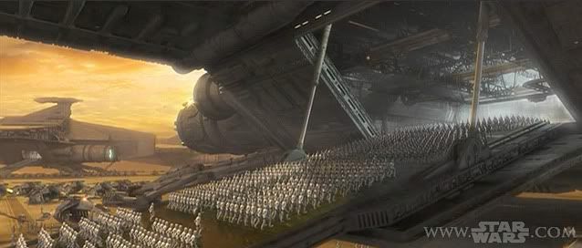 Hundreds of clonetroopers board a Republic ship in Attack of the Clones