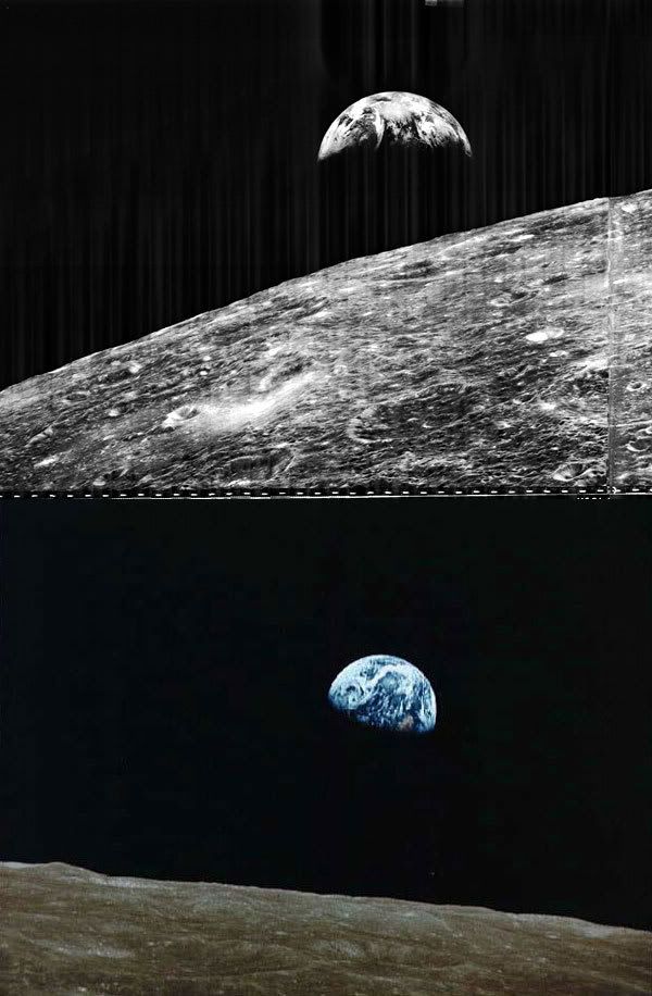 TOP PIC: The Earth rises above the Moon's horizon in this pic taken by the Lunar Orbiter 1 spacecraft in 1966.  BOTTOM PIC: Earth rises above the lunar horizon in this image taken by the Apollo 8 astronauts in 1968.