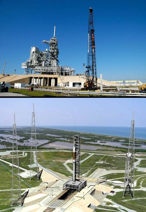TOP PIC: Construction begins on the first of three lightning towers at Kennedy Space Center's Launch Complex 39B.  BOTTOM PIC: An artist's concept of how LC-39B will look after being modified for the ARES rocket.