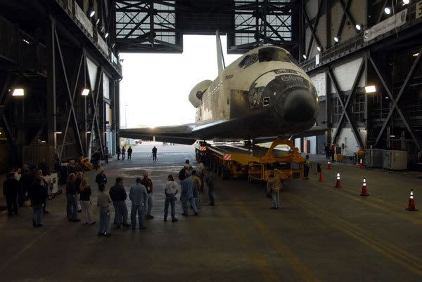 The orbiter Atlantis is rolled over to the Vehicle Assembly Building at Florida's Kennedy Space Center...in preparation for next month's STS-122 shuttle flight.