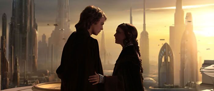 Anakin and Padme share a tender moment on Coruscant.