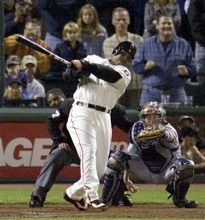 On August 7, 2007, Barry Bonds hits his 756th home run in the San Francisco Giants' loss to the Washington Nationals.  Bonds surpassed Hank Aaron's career mark.