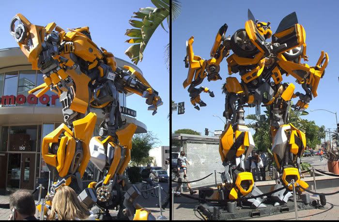 Photos I took of BUMBLEBEE standing tall outside a Hollywood shopping plaza.