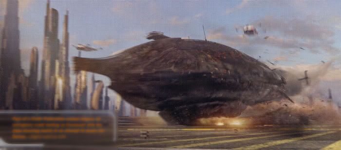 The Invisible Hand, controlled by Anakin Skywalker, makes a guided crashlanding onto the surface of Coruscant.
