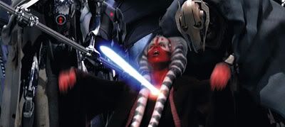 General Grievous impales the Jedi Master Shaak Ti with his lightsaber.