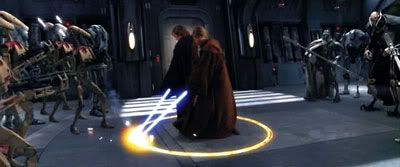 Obi-Wan Kenobi and Anakin Skywalker cut a hole through the floor to escape General Grievous and his battledroids.