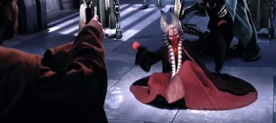 Obi-Wan Kenobi draws out his lightsaber as Shaak Ti crumples to the ground.
