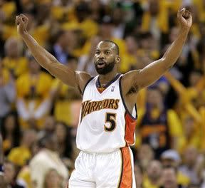 Baron Davis reacts after Golden State upsets Dallas in the first round of the NBA playoffs.