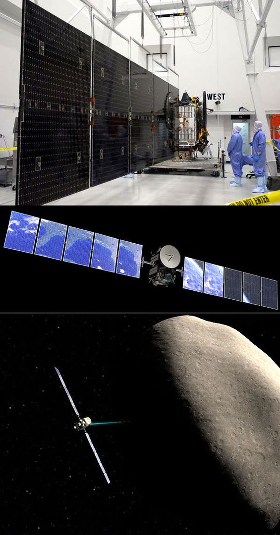 IMAGE 1: Technicians check on one of Dawn's two solar array wings at the Astrotech facility in Florida.  IMAGE 2: An artist's concept showing Earth's reflection glistening off of Dawn's solar arrays as the spacecraft leaves Earth.  IMAGE 3: An artist's concept of Dawn entering orbit around asteroid Vesta.