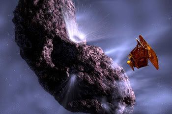 An artwork depicting the DEEP IMPACT spacecraft observing the crater formed after the Impactor's collision with Comet Tempel 1.