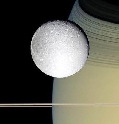 A Cassini image of Dione with Saturn in the background