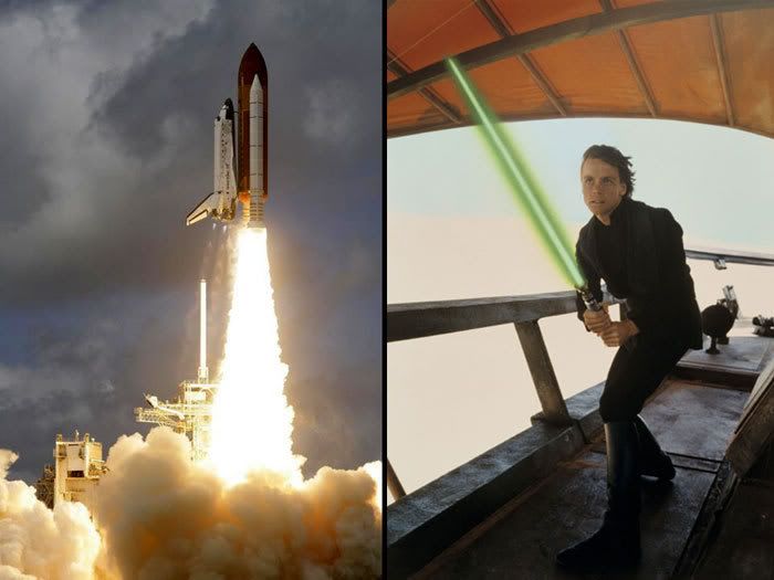 LEFT PIC: Space shuttle Discovery launches from Florida on flight STS-120 on October 23, 2007.  RIGHT PIC: Mark Hamill as Luke Skywalker in a production still from STAR WARS: EPISODE VI - RETURN OF THE JEDI (1983).
