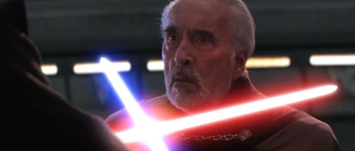 Count Dooku giving a 'worried' look just as Anakin is about to use his and Dooku's saber to behead the Sith Apprentice.
