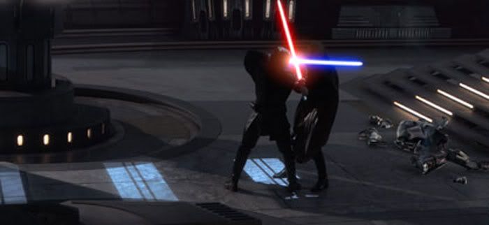 Onboard The Invisible Hand, Anakin Skywalker duels with Count Dooku.