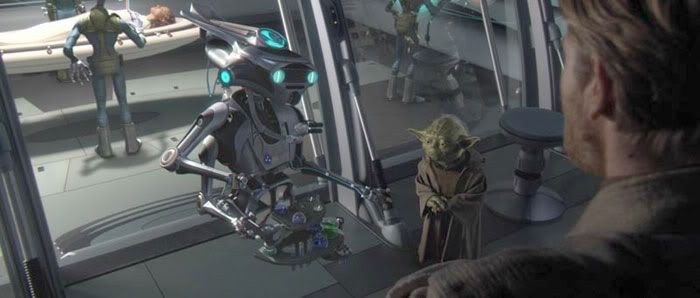 A Polis Massan medical droid addresses Obi-Wan, Yoda and Bail Organa about Padme's current state of condition...in STAR WARS: REVENGE OF THE SITH.