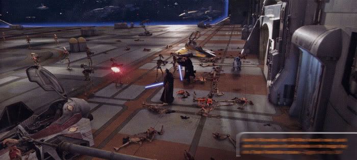 Obi-Wan Kenobi and Anakin Skywalker make quick work of a group of battledroids inside the hangar bay of The Invisible Hand.