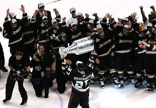 The Anaheim Ducks celebrate after winning their first NHL championship in June of 2007.