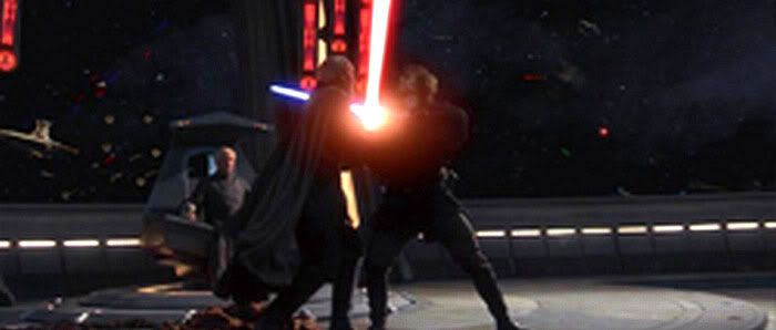 Onboard The Invisible Hand, Chancellor Palpatine looks on as Anakin duels with Count Dooku.