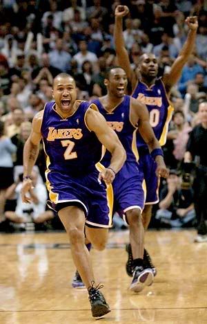 Derek Fisher, Kobe Bryant and Gary Payton react after Fisher's '0.4' shot against the San Antonio Spurs in the 2004 Western Conference Semifinals.