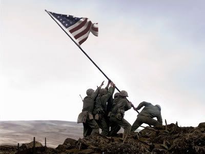 Soldiers raise up the American flag in Iwo Jima in FLAGS OF OUR FATHERS.