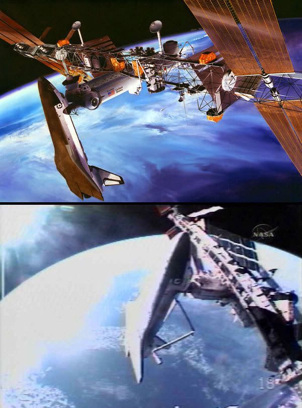 The artwork is of Space Station Freedom (which evolved into the ISS during the early 90’s once Russia joined the project), and the NASA TV screenshot came from today’s spacewalk.