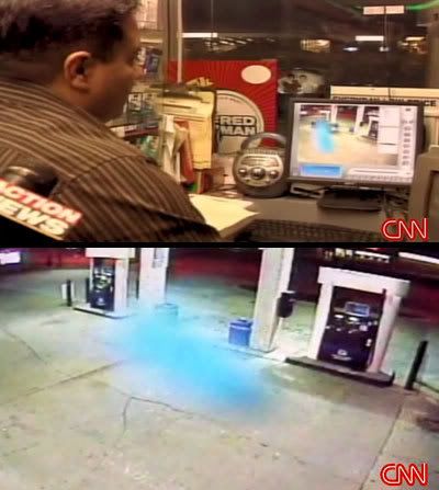 Still shots from a video showing a ghostly object flying around outside an Ohio gas station.