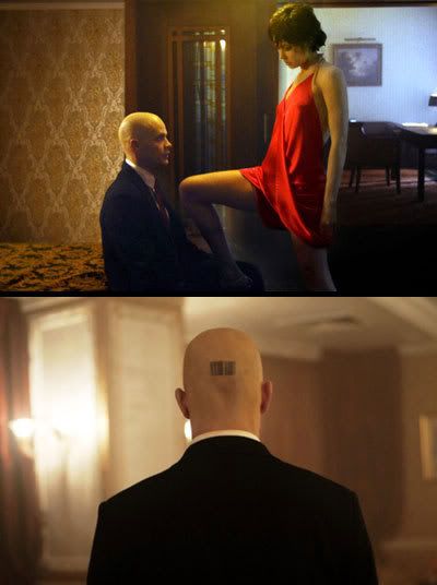 TOP PIC: Olga Kurylenko and Timothy Olyphant in HITMAN.  BOTTOM PIC: Do you think Agent 47 ever gets the urge to get that barcode scanned at the local Albertsons market?  Probably not.