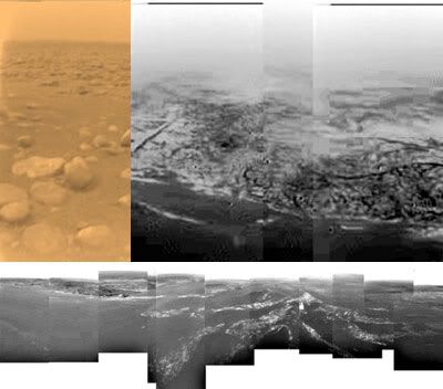 Three images/mosaics taken by the Huygens probe on Titan.