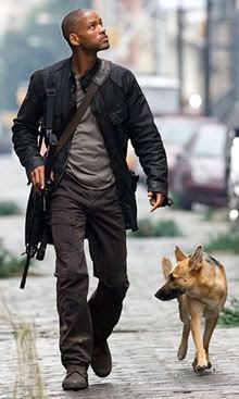 In I AM LEGEND, scientist Robert Neville (Will Smith) walks around the abandoned streets of New York City with his companion dog, Sam.