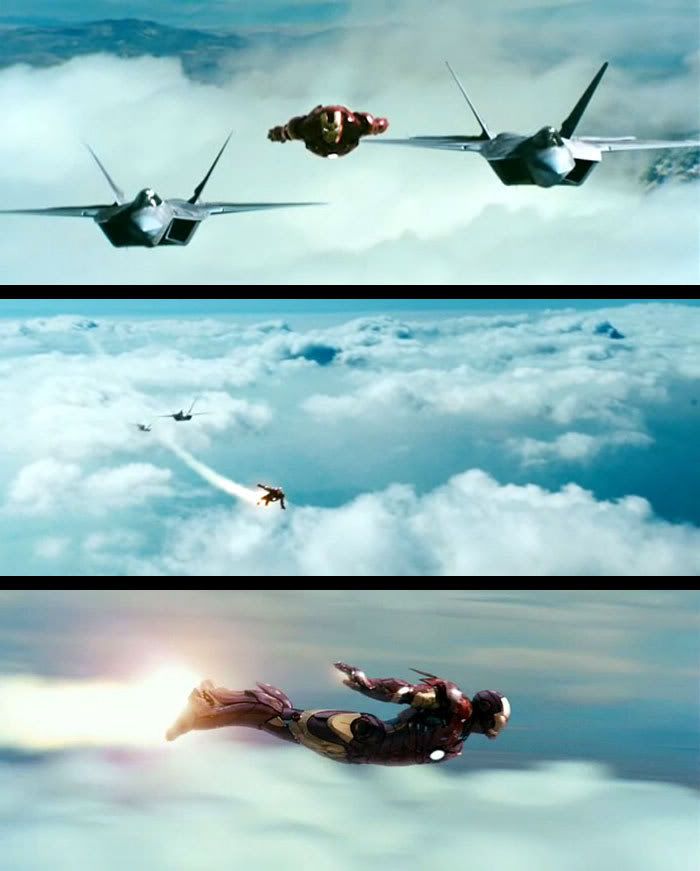 Iron Man outruns a pair of F-22 fighter jets.