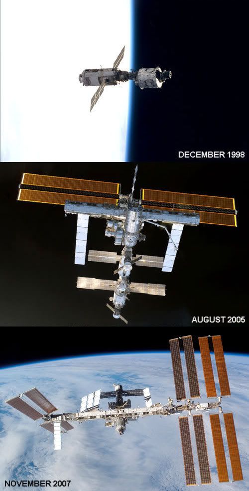 A photo montage showing the International Space Station as it looked when construction began on it in 1998, its configuration between late 2002 and 2006, and its current look following the STS-120 shuttle mission.
