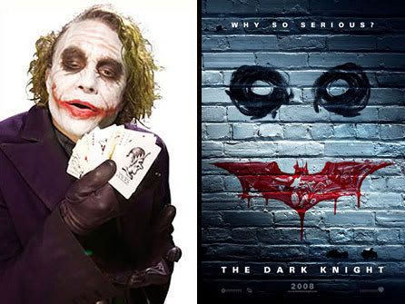 LEFT PIC: I get the feeling he'd cheat at poker.  RIGHT PIC: THE DARK KNIGHT teaser poster.