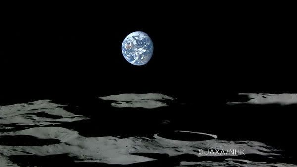 The Earth sets below the lunar horizon in this video screenshot from the Kaguya spacecraft.