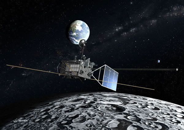 An artist's concept of the Kaguya spacecraft in lunar orbit.