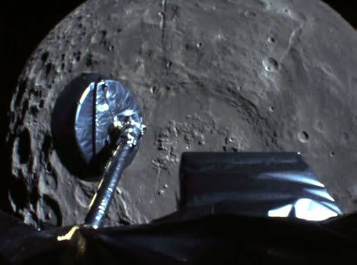 A shot of Kaguya's high gain antenna with the Moon in the background.