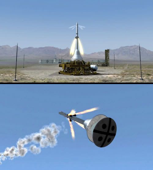 TOP PIC: A computer rendition of a launch abort system (LAS) test taking place in White Sands, New Mexico.  BOTTOM PIC: A computer rendition showing NASA's ORION Crew Exploration Vehicle separating from its LAS during flight.