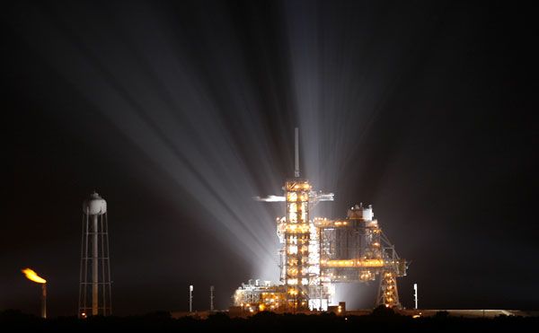 Xenon lights illuminate Launch Complex 39A at NASA's Kennedy Space Center, on August 24, 2009 (Pacific Time).