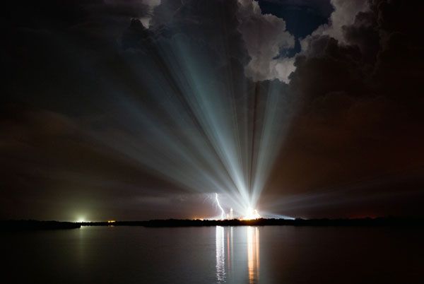 Xenon lights illuminate Launch Complex 39A at NASA's Kennedy Space Center, on August 24, 2009 (Pacific Time).