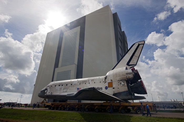 The orbiter DISCOVERY is rolled over to the Vehicle Assembly Building at Kennedy Space Center in Florida for STS-133 launch preparations, on September 9, 2010.