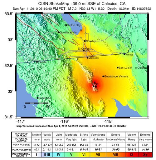 USGS Shakemap for the 7.2-magnitude earthquake that struck Baja California in Mexico on April 4, 2010.