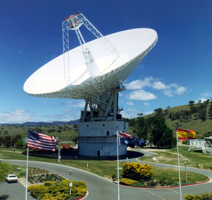 The 70-meter radio telescope, known as DSS-43, at NASA's Canberra Deep Space Communications Complex in Tidbinbilla, Australia.