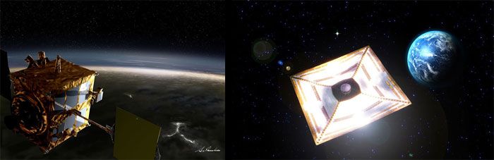 Artist concepts of the Akatsuki spacecraft and IKAROS solar sail in space.