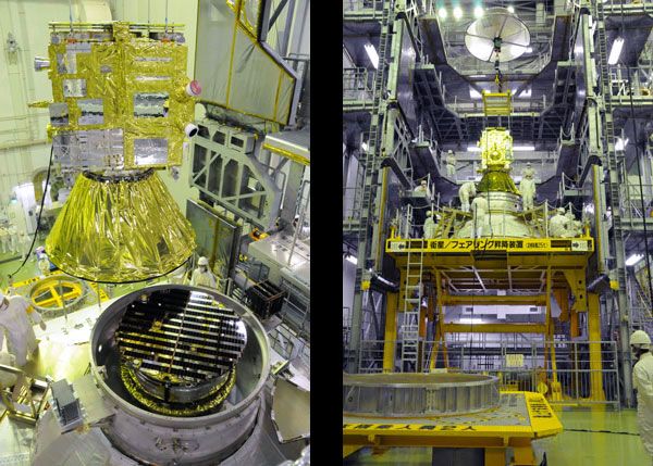 The Akatsuki spacecraft is mated to the IKAROS solar sail at Tanegashima Space Center in Japan.