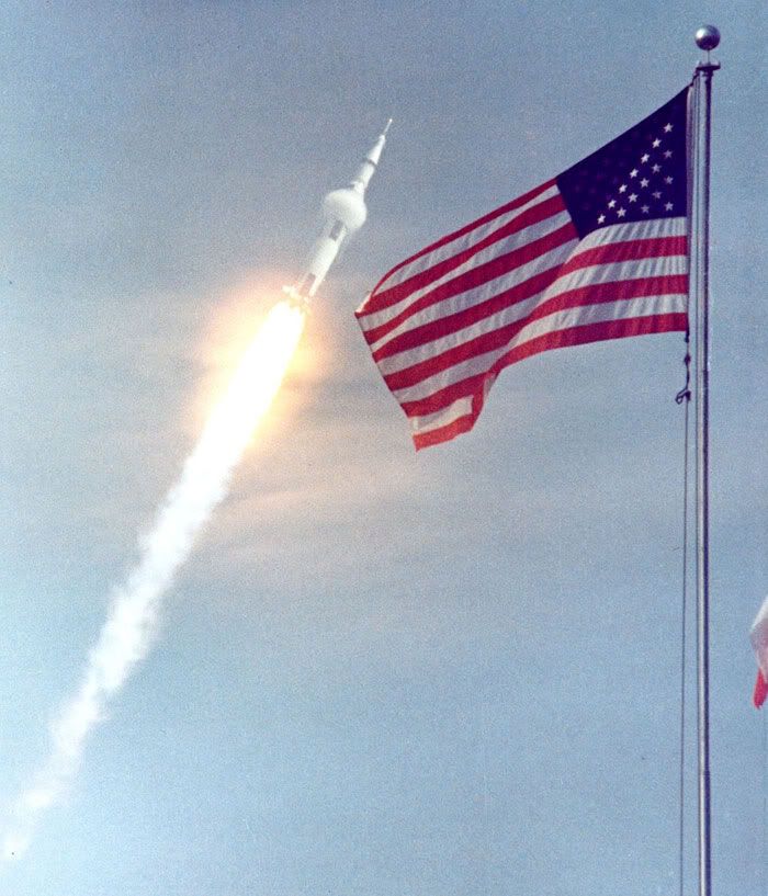 A Saturn V rocket carrying NASA's Apollo 11 spacecraft launches to the Moon on July 16, 1969.