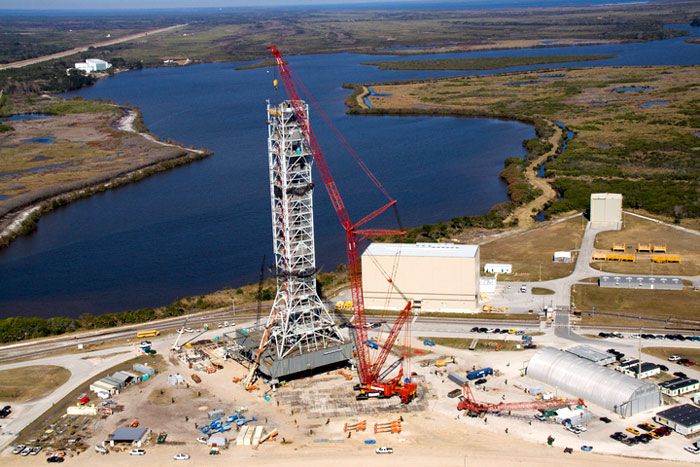 Construction being completed on the Mobile Launcher Platform for NASA’s now-cancelled Ares I rocket.